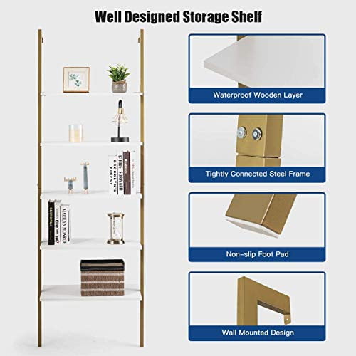 Moccha 5Tier Ladder Shelf, Wall Mounted Bookshelf with Metal Frame and