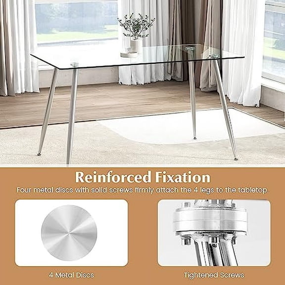 Moccha 51 Glass Dining Table, Modern Rectangular Table with Spacious Tempered Glass Tabletop & Sliver Metal Legs, Adjustable Foot Pads, Transparent Kitchen Table for Home Office