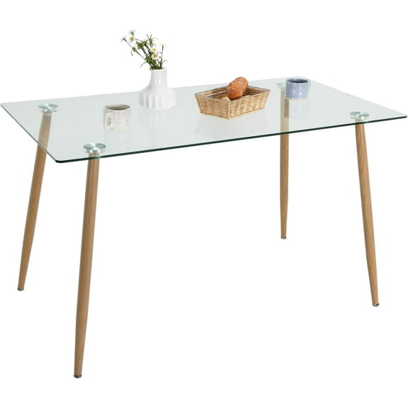 Hanyu  51” Glass Dining Table, Modern Rectangular Table with Spacious Tempered Glass Tabletop & Wood Grain Metal Legs, Adjustable Foot Pads, Transparent Kitchen Table for Home Office