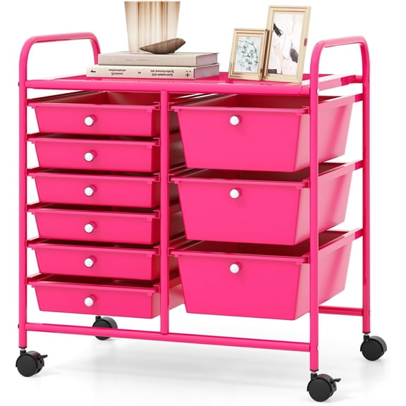 Moccha 9-Drawer Rolling Storage Cart - Under Desk Storage Drawers with wheels for Craft Art Supply Paper Salon, Scrapbook Paper Tools, Mobile Utility Cart for Classroom, Hot Pink