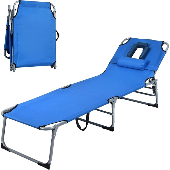 Moccha , Adjustable Beach Bed, Foldable Recliner with Pillow, Sunbathing Headrest and Tray, for Outdoor, Camping, Backyard, Patio, Pool (Blue)