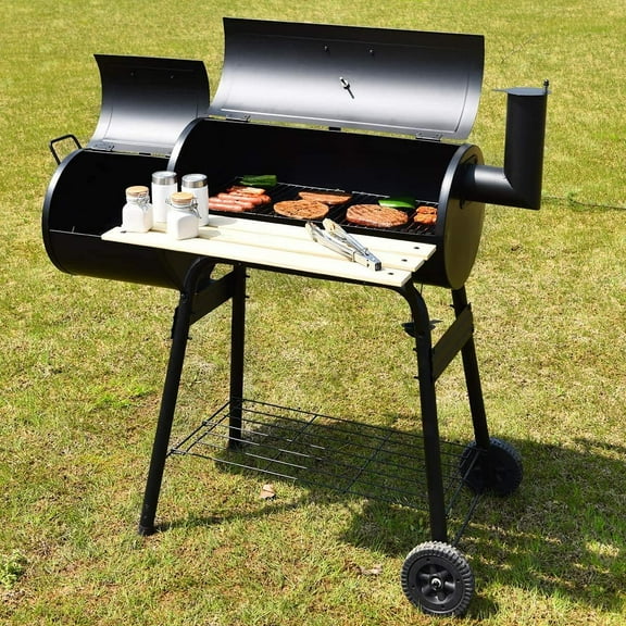 Moccha BBQ Grill, Charcoal Grill with Thermometer and Adjustable Damper, Meat Cooker Smoker for Family Gathering and Outdoor Picnic With Two Moveable Wheels, Black