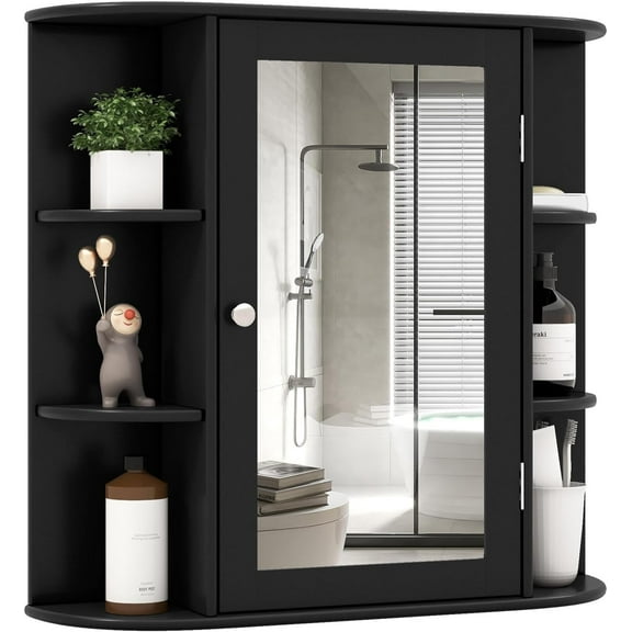 Moccha Bathroom Cabinet, Mirrored Wall Mounted Medicine Cabinet with Mirrored Door and 6 Open Shelves, Floating Shelf, Dressing Mirror with Storage Cabinet, Suitable for Foyer, Living Room (Black)
