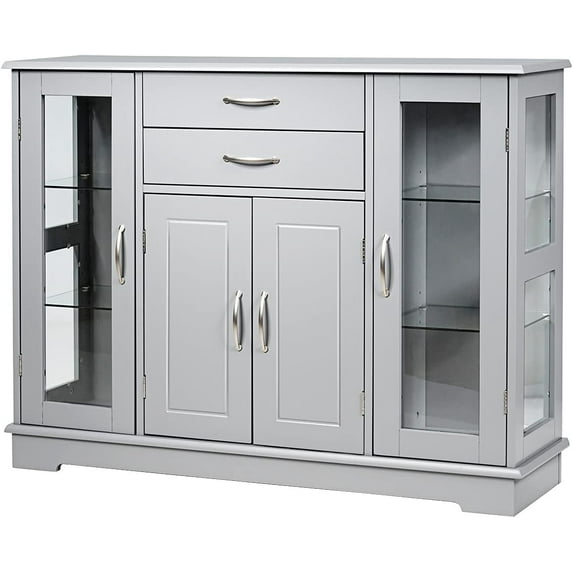 Moccha Dining Sideboard Buffet, Buffet Server Cabinet Cupboard with Interior Adjustable Shelves and Two Drawers, Kitchen Storage Cabinet with Glass Door for Kitchen, Living Room, Hallway (Gray)