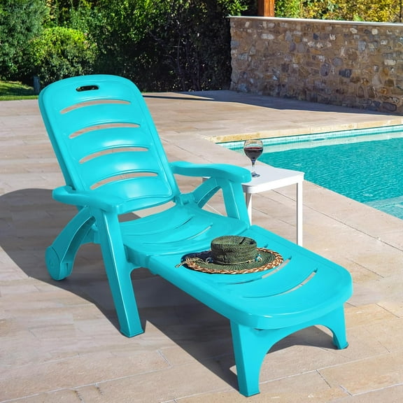Moccha Folding Chaise Lounge Chair - Plastic Patio Lounger w/ 2 Rolling Wheels, 5-Adjustable Positions, Armrests,Outdoor Lounge Recliner for Poolside Yard Garden Sunbathing Beach Chair (1, Turquoise)