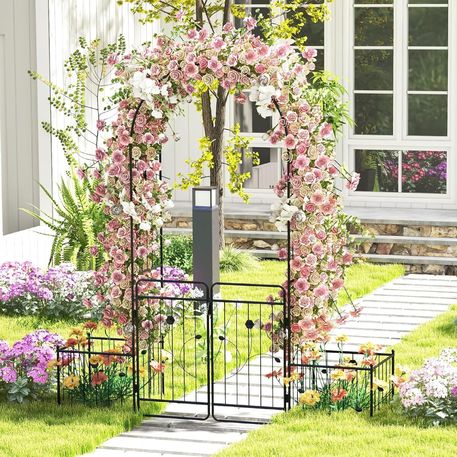 Moccha Garden Arch with Gate and Planter Boxes, 87” Metal Arbor for ...