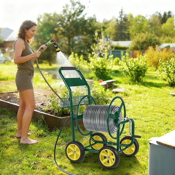 Moccha Heavy Duty Garden Hose Reel Cart with 4 Wheels, Holds 300ft 5/8 Hose, Mobile Watering Station for Yard