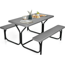 Moccha Picnic Table Bench Set - Portable Plastic Picnic Table w/Steel Frame & Wood-Like Texture, All Weather Heavy Duty Picnic Table Kit, Picnic Tables for Outdoors Garden Patio Party Dining (Grey)