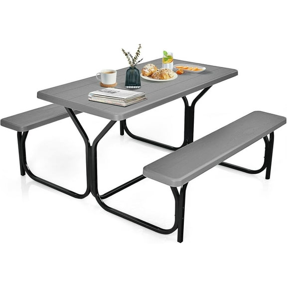 Moccha Picnic Table Bench Set - Portable Plastic Picnic Table w/Steel Frame & Wood-Like Texture, All Weather Heavy Duty Picnic Table Kit, Picnic Tables for Outdoors Garden Patio Party Dining (Grey)