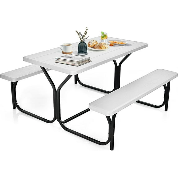 Moccha Picnic Table Bench Set - Portable Plastic Picnic Table w/Steel Frame & Wood-Like Texture, All Weather Heavy Duty Picnic Table Kit, Picnic Tables for Outdoors Garden Patio Party Dining (White)