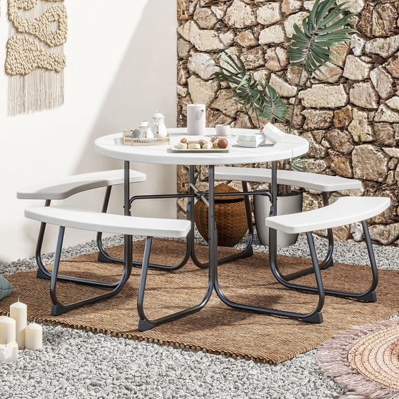 Moccha Picnic Table Set - Outdoor Table and Chairs with Umbrella Hole, HDPE Tabletop & Metal Frame, Dining Table Set, Outdoor Camping Table for Garden Backyard Porch Patio Table Set (White)