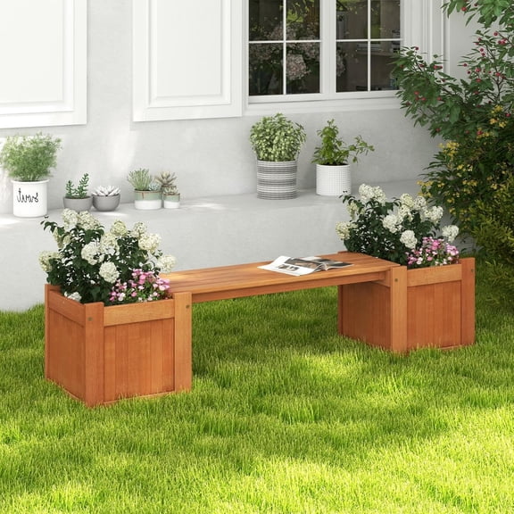 Moccha Wood Garden Bench with Planter Boxes, Raised Garden Bed with Open-Ended Base, Teak Oil Finish, Patio Planter Box Bench, Outdoor Plant Container for Garden, Yard, Lawn, Balcony, DIY Assembly