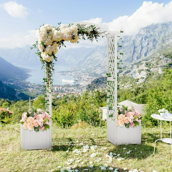 Moccha Wooden Garden Arbor with Planter - Outdoor Arbor Trellis for Climbing Plants, Roses, Vines, Outside Pergola Planter, Garden Arch for Lawn Backyard Wedding Ceremony Bridal Party (White)