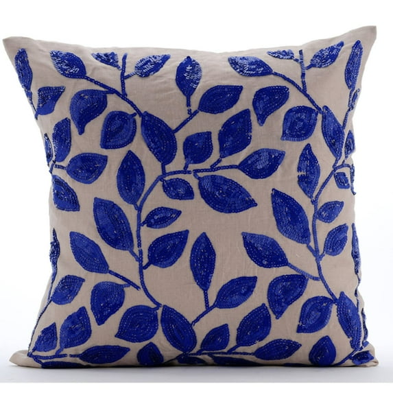 Mocha Accent Pillow, Blue Sequins Leaves Garden Pillow Cover, 18x18 inch (45x45 cm) Cushion Cover, Square Cotton Linen Pillow Cover Couch, Floral Art Deco, Modern - Rainy Blue Leaves