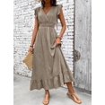 thumbnail image 1 of Mocha Brown Casual Wrap Waist-Cinched Women Maxi Dress With Ruffle Sleeves And Hem, 1 of 7