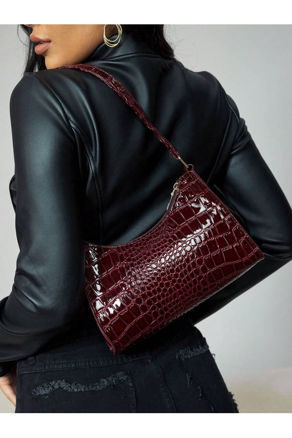 Mocha Brown Croc Embossed Shoulder Bag With Zipper Closure