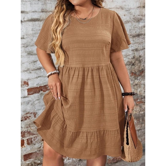 Mocha Brown Plus Size Round Neck Ruffle Sleeve Drop Waist Casual Summer Dress