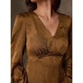 thumbnail image 1 of Mocha Brown Satin Jacquard V-Neck Wrap Maxi Dress With Puffed Sleeves, 1 of 7