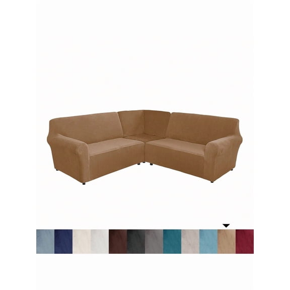 Mocha Brown Velvet Stretch 3-Piece L-Shaped Sectional Sofa Slipcover For 5-Seat Corner Couch