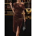 thumbnail image 1 of Mocha Brown Womens Mid-Length Off Shoulder Fitted Velvet Dress With Side Slit, 1 of 6