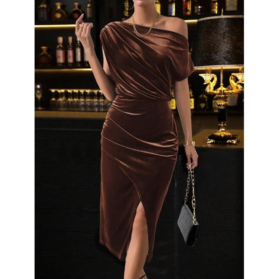 Mocha Brown Womens Mid-Length Off Shoulder Fitted Velvet Dress With Side Slit