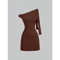 thumbnail image 1 of Mocha Brown Womens One Shoulder Ruched Bodycon Mini Dress With Tie Detail, 1 of 6