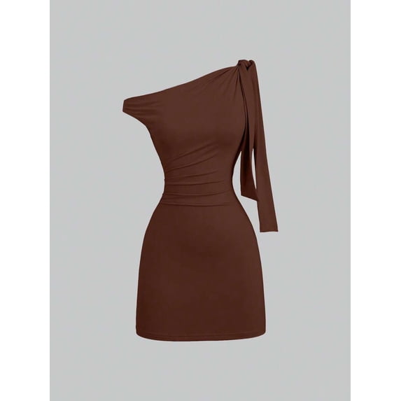 Mocha Brown Womens One Shoulder Ruched Bodycon Mini Dress With Tie Detail