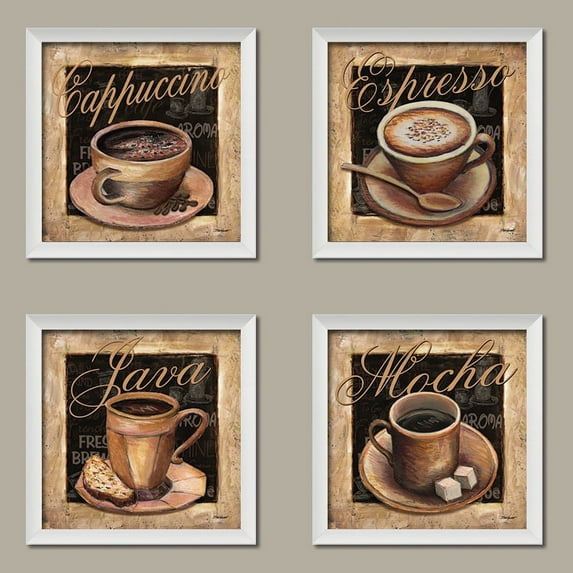 Mocha, Cappuccino, Espresso, and Java Coffee Mug Set; Kitchen Decor; 4-12x12" White Framed Prints