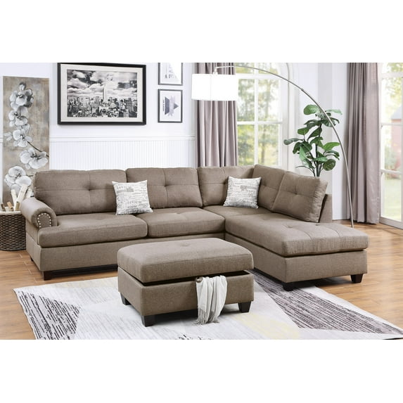Mocha Color Reversible L/R Sectional Sofa set Polyfiber Cushion Chaise Sofa Ottoman Couch Living Room