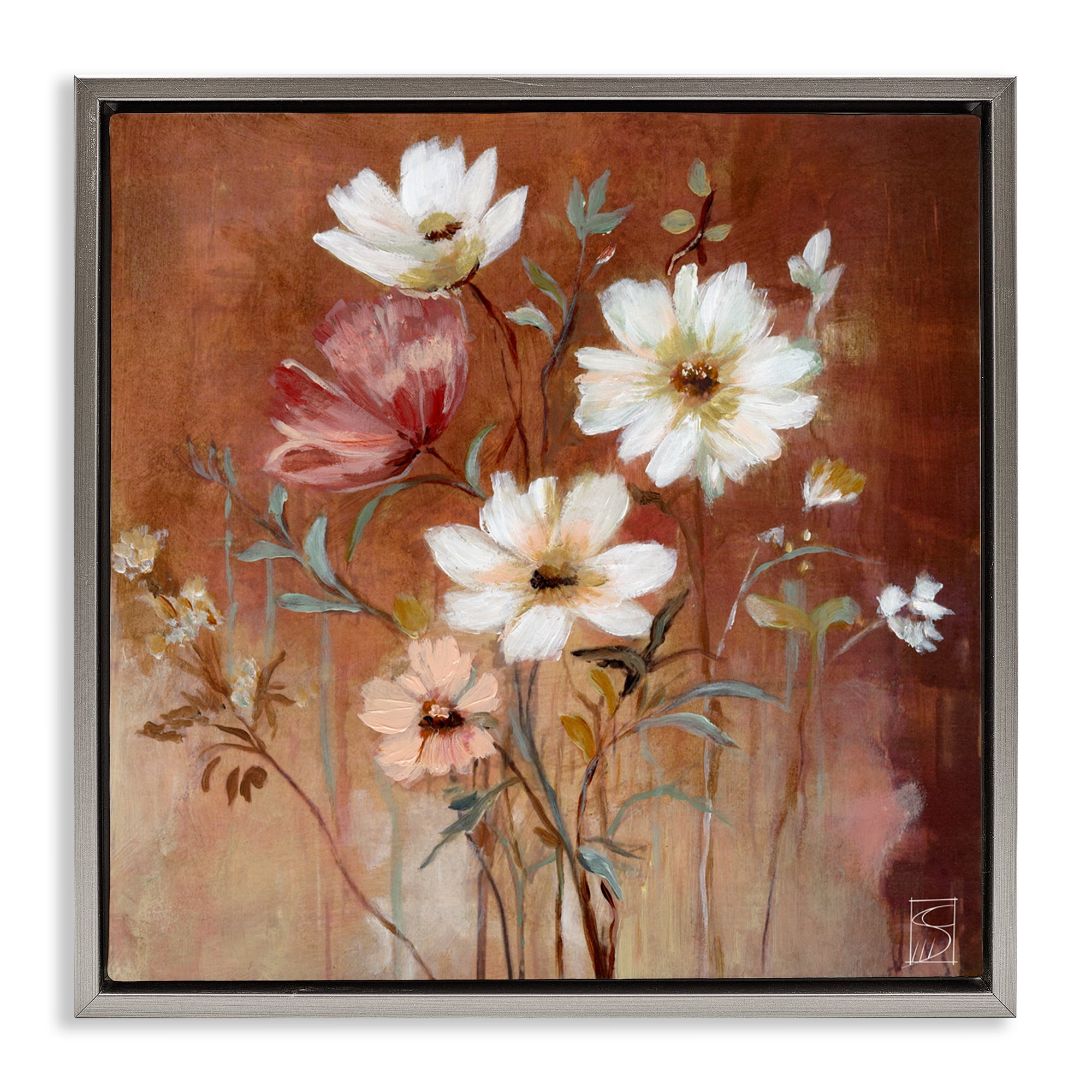 Mocha Flowers Collection Gray Framed Floater Canvas Wall Art, design by Sara Culpepper