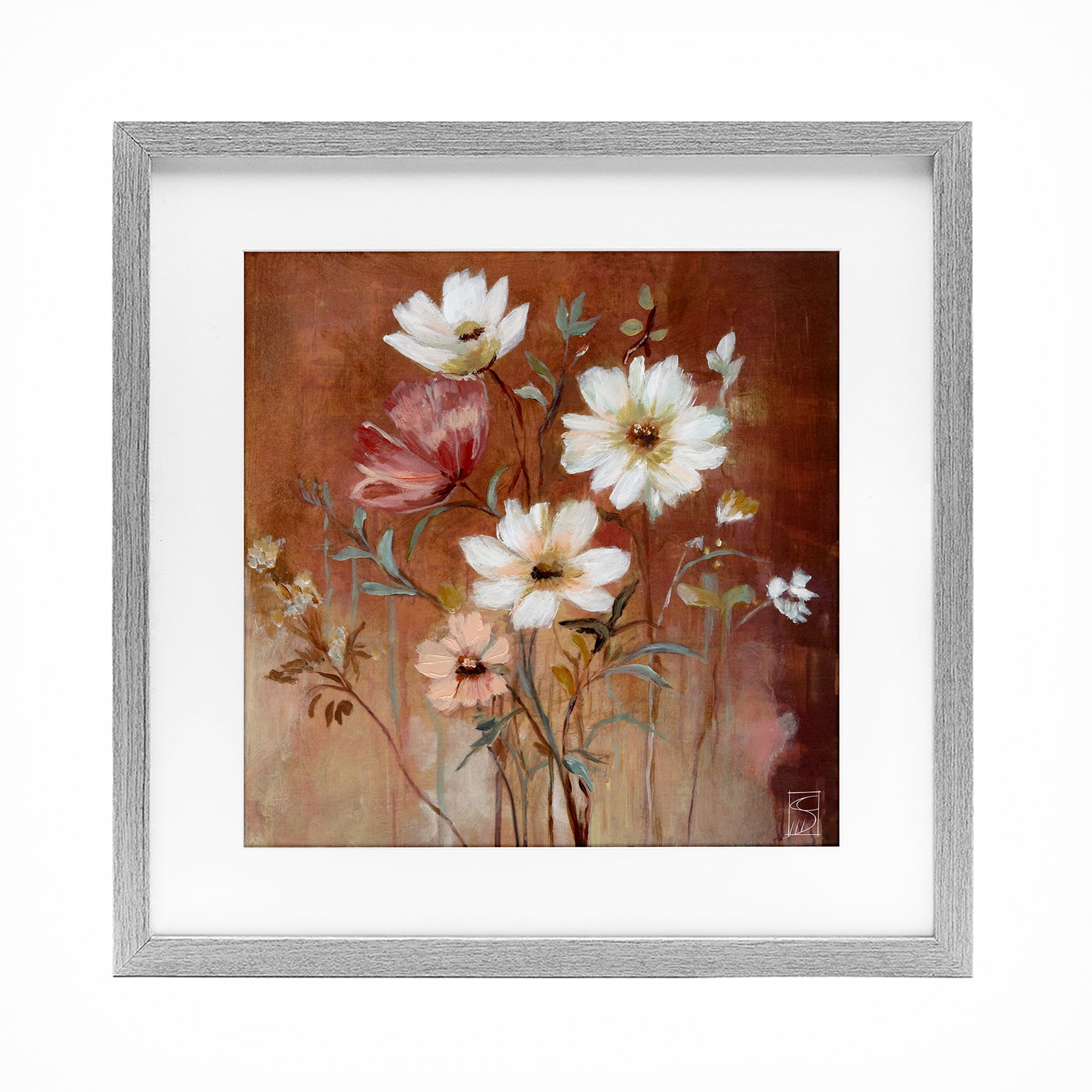 Mocha Flowers Collection Gray Framed Print Under Glass, design by Sara Culpepper