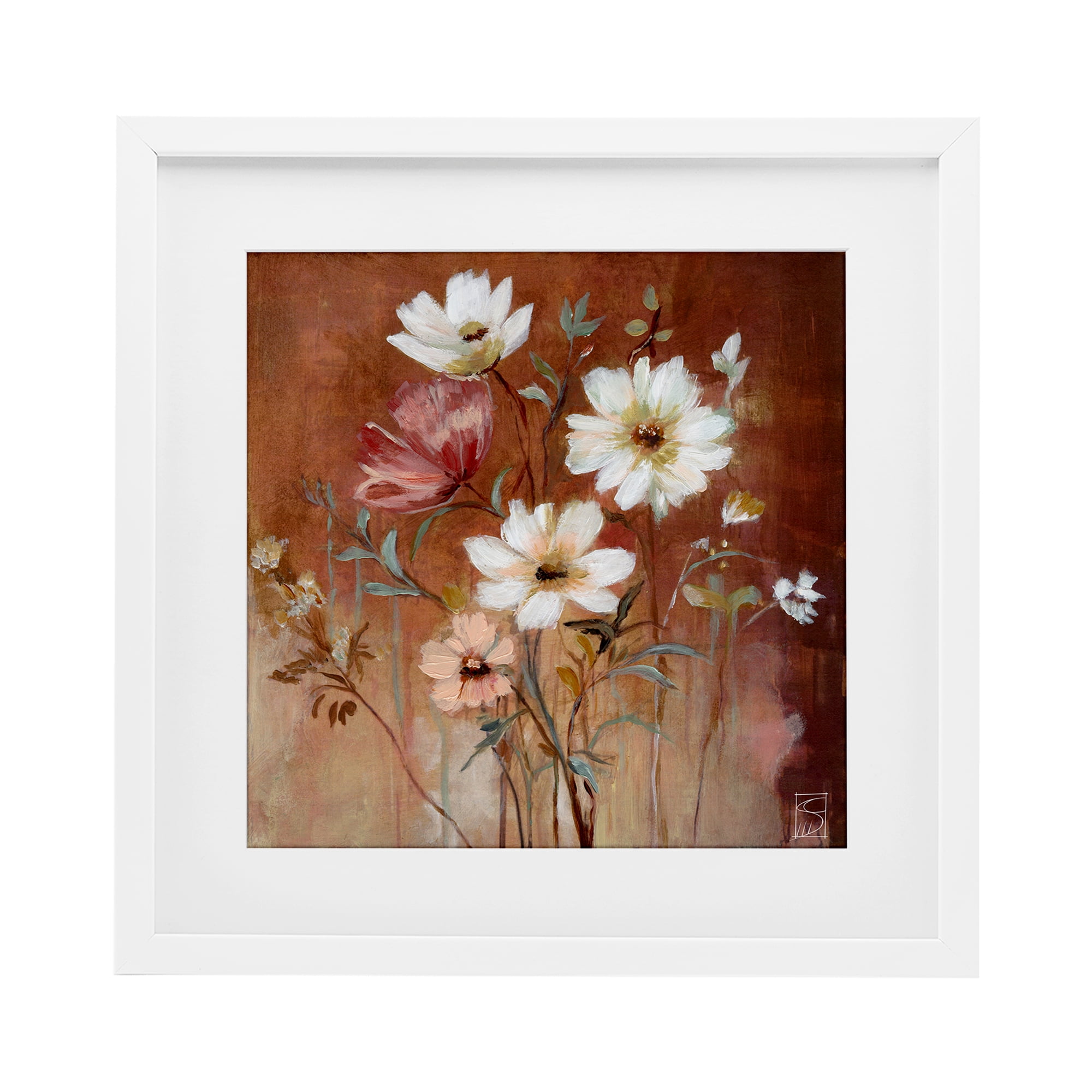 Mocha Flowers Collection White Framed Print Under Glass, design by Sara Culpepper