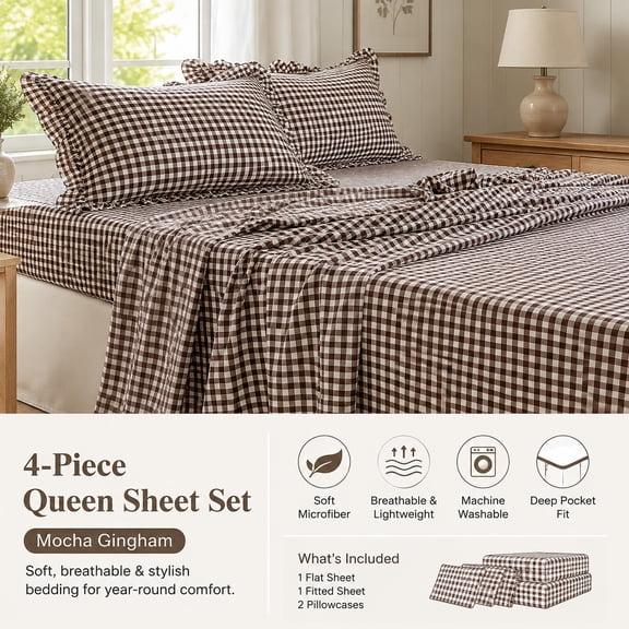 Mocha Gingham Ruffle King Sheet Set, Soft Pre-Washed Microfiber Plaid Bed Sheets, 4-Piece Deep Pocket Farmhouse Bedding Set
