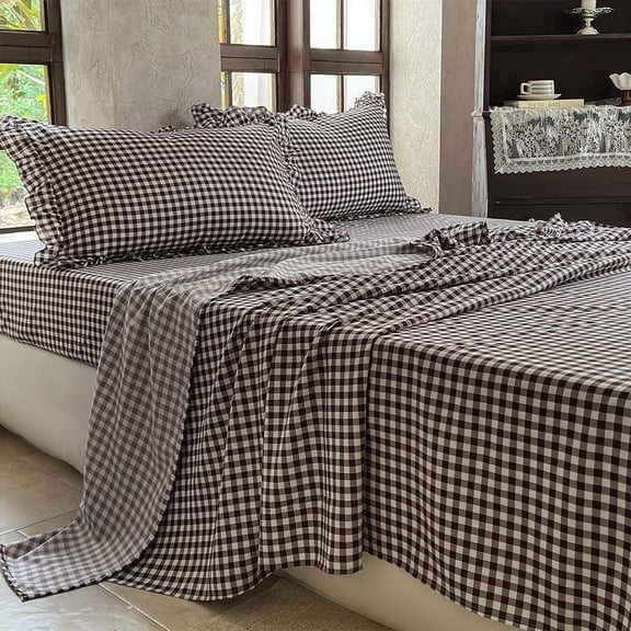 Mocha Gingham Ruffle Queen Sheet Set, Mocha Soft Pre-Washed Microfiber Plaid Ruffled Queen Bed Sheets, 4-Pieces Farmhouse Sheet Set with Deep Pocket
