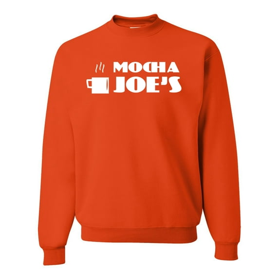 Mocha Joe's Coffee Stand Shop Logo | Mens Pop Culture Crewneck Graphic Sweatshirt, Orange, Small