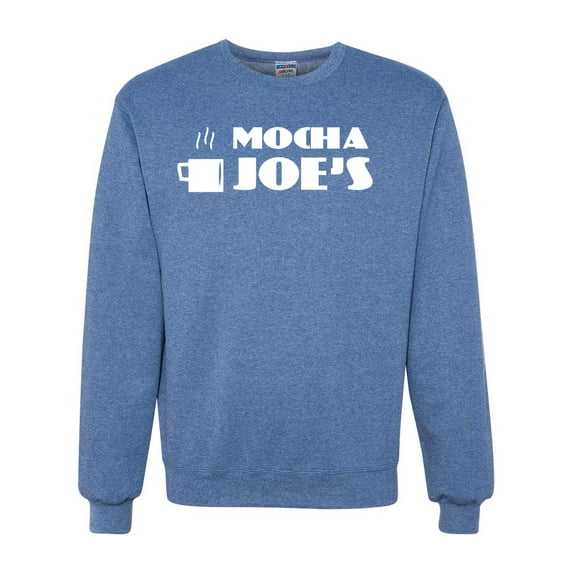 Mocha Joe's Coffee Stand Shop Logo | Mens Pop Culture Crewneck Graphic Sweatshirt, Vintage Heather Blue, Medium