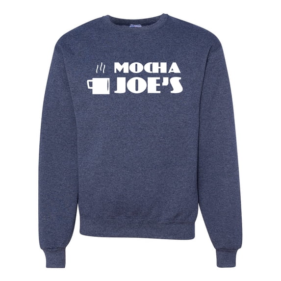 Mocha Joe's Coffee Stand Shop Logo | Mens Pop Culture Crewneck Graphic Sweatshirt, Vintage Heather Navy, 3XL