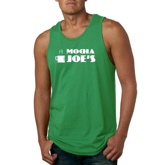 Mocha Joe's Coffee Stand Shop Logo | Mens Pop Culture Graphic Tank Top, Kelly, 2XL