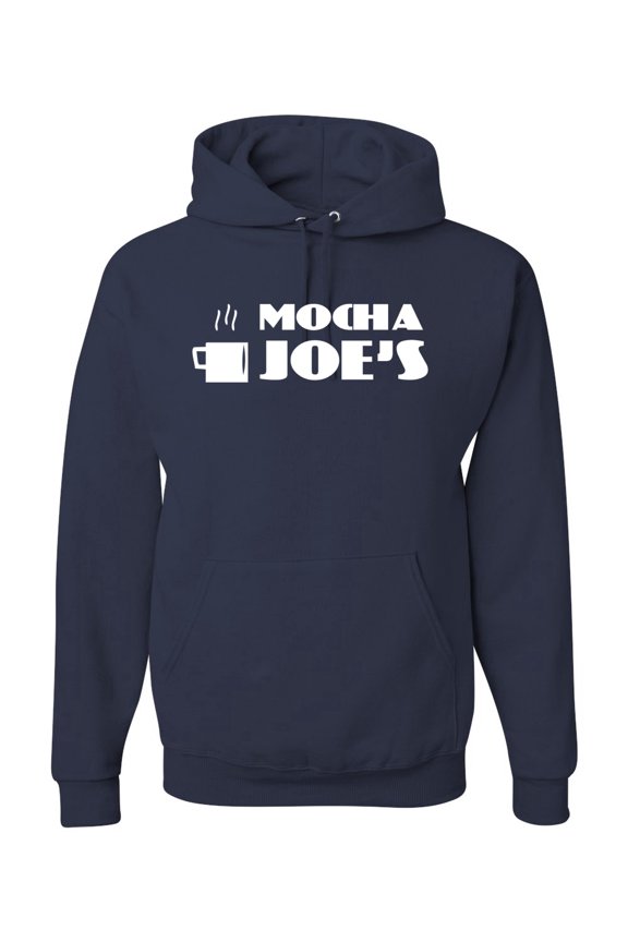 Mocha Joe's Coffee Stand Shop Logo | Mens Pop Culture Hooded Sweatshirt Graphic Hoodie, Navy, 3XL