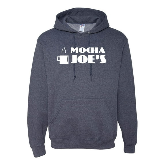 Mocha Joe's Coffee Stand Shop Logo | Mens Pop Culture Hooded Sweatshirt Graphic Hoodie, Vintage Heather Navy, Small