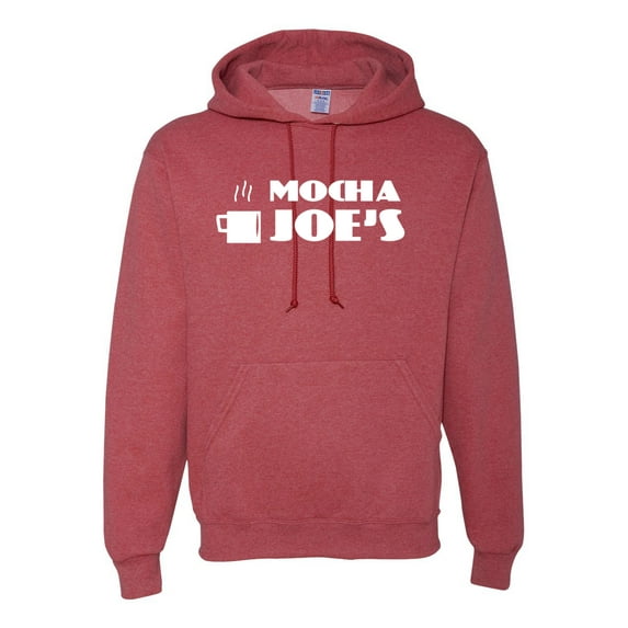 Mocha Joe's Coffee Stand Shop Logo | Mens Pop Culture Hooded Sweatshirt Graphic Hoodie, Vintage Heather Red, Medium