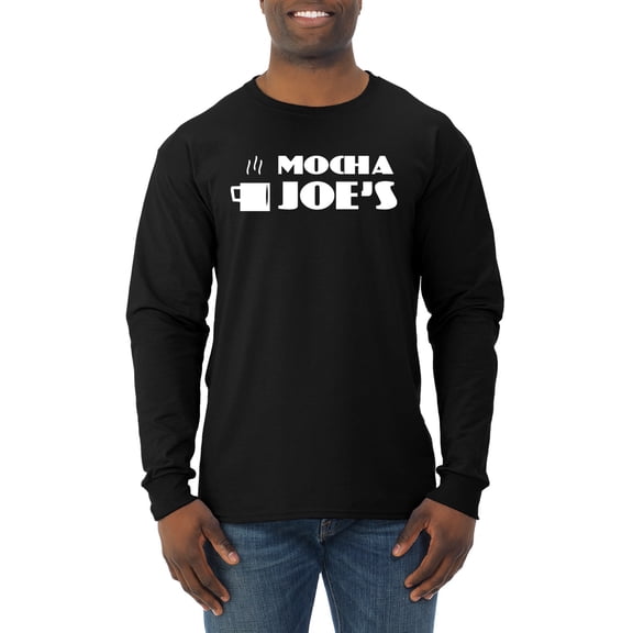 Mocha Joe's Coffee Stand Shop Logo | Mens Pop Culture Long Sleeve T-Shirt, Black, Medium