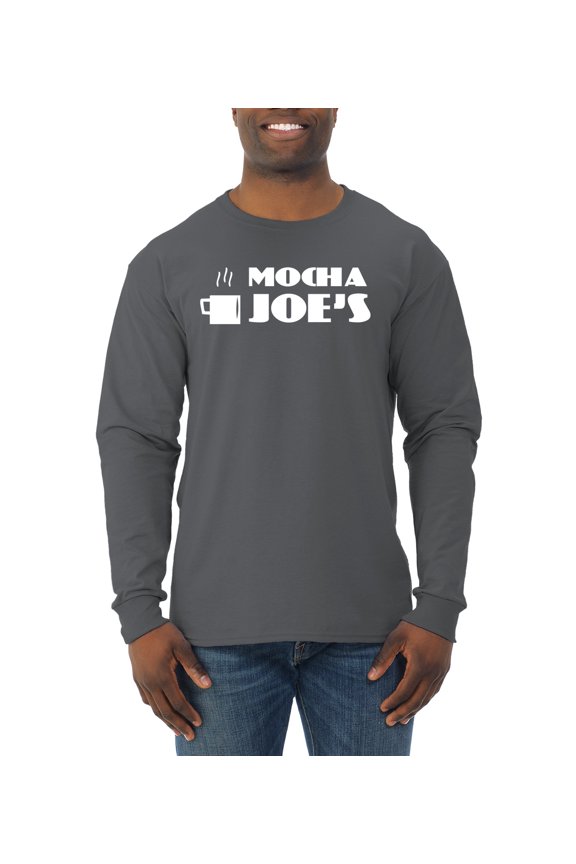 Mocha Joe's Coffee Stand Shop Logo | Mens Pop Culture Long Sleeve T-Shirt, Charcoal, X-Large