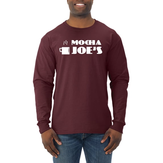 Mocha Joe's Coffee Stand Shop Logo | Mens Pop Culture Long Sleeve T-Shirt, Maroon, Small