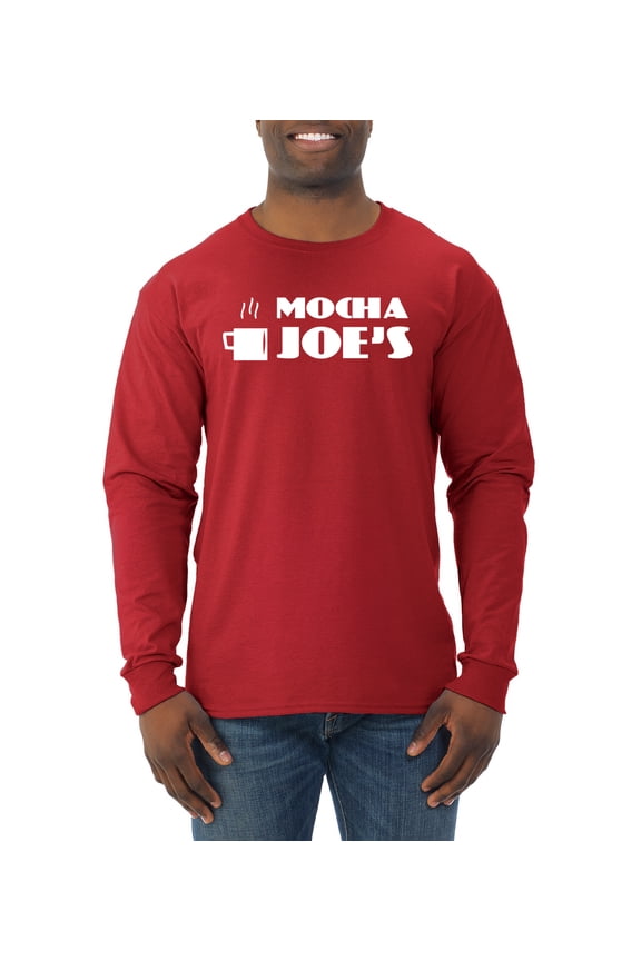 Mocha Joe's Coffee Stand Shop Logo | Mens Pop Culture Long Sleeve T-Shirt, Red, Large