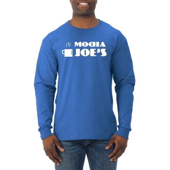 Mocha Joe's Coffee Stand Shop Logo | Mens Pop Culture Long Sleeve T-Shirt, Royal, Medium