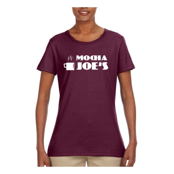 Mocha Joe's Coffee Stand Shop Logo | Womens Pop Culture Graphic T-Shirt, Maroon, Large