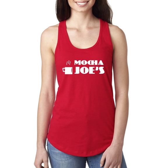 Mocha Joe's Coffee Stand Shop Logo | Womens Pop Culture Jersey Racerback Tank Top, Red, Small
