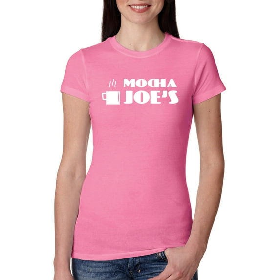 Mocha Joe's Coffee Stand Shop Logo | Womens Pop Culture Junior Fit Tee, Hot Pink, X-Large