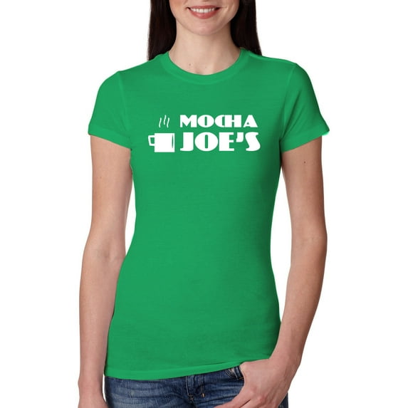 Mocha Joe's Coffee Stand Shop Logo | Womens Pop Culture Junior Fit Tee, Kelly, 2XL